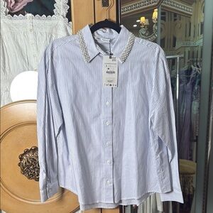 Zara NWT Embellished Blue Striped Shirt